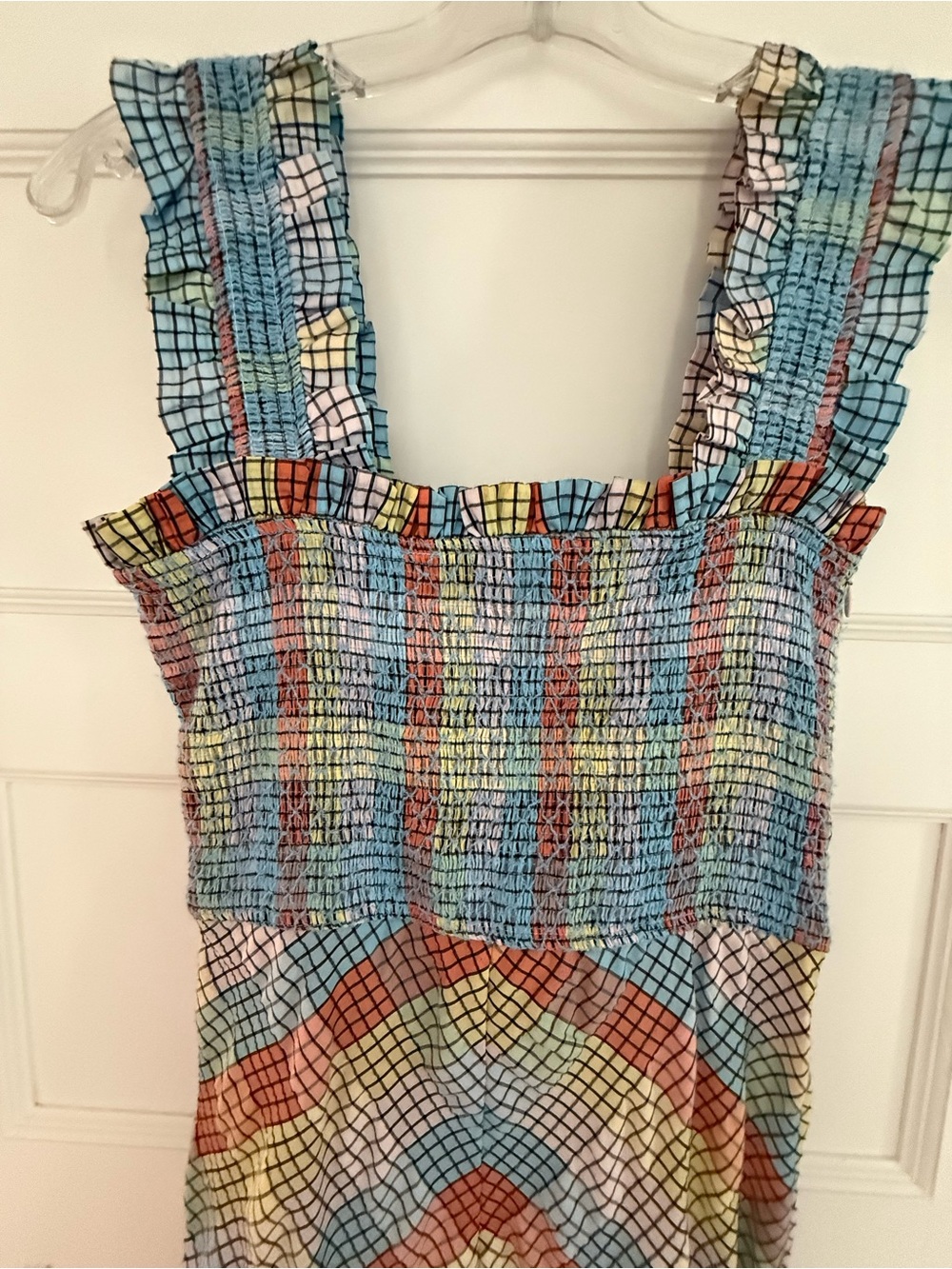 Smocked Multicolor Maxi Dress - Blue, Coral & Yellow - Picture 4 of 5